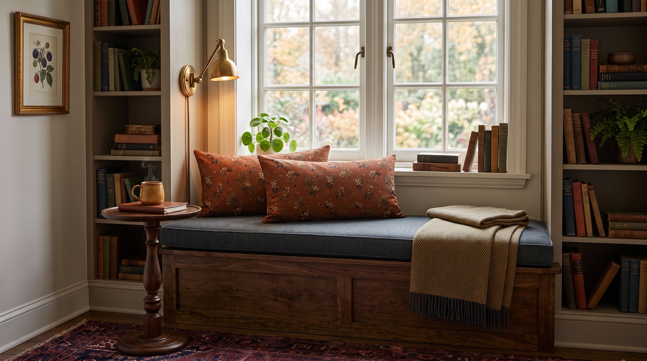 A cozy window seat with a blue cushion and rust-orange patterned pillows, styled with a beige throw blanket, set in a warm, book-filled room with tall built-in bookshelves.