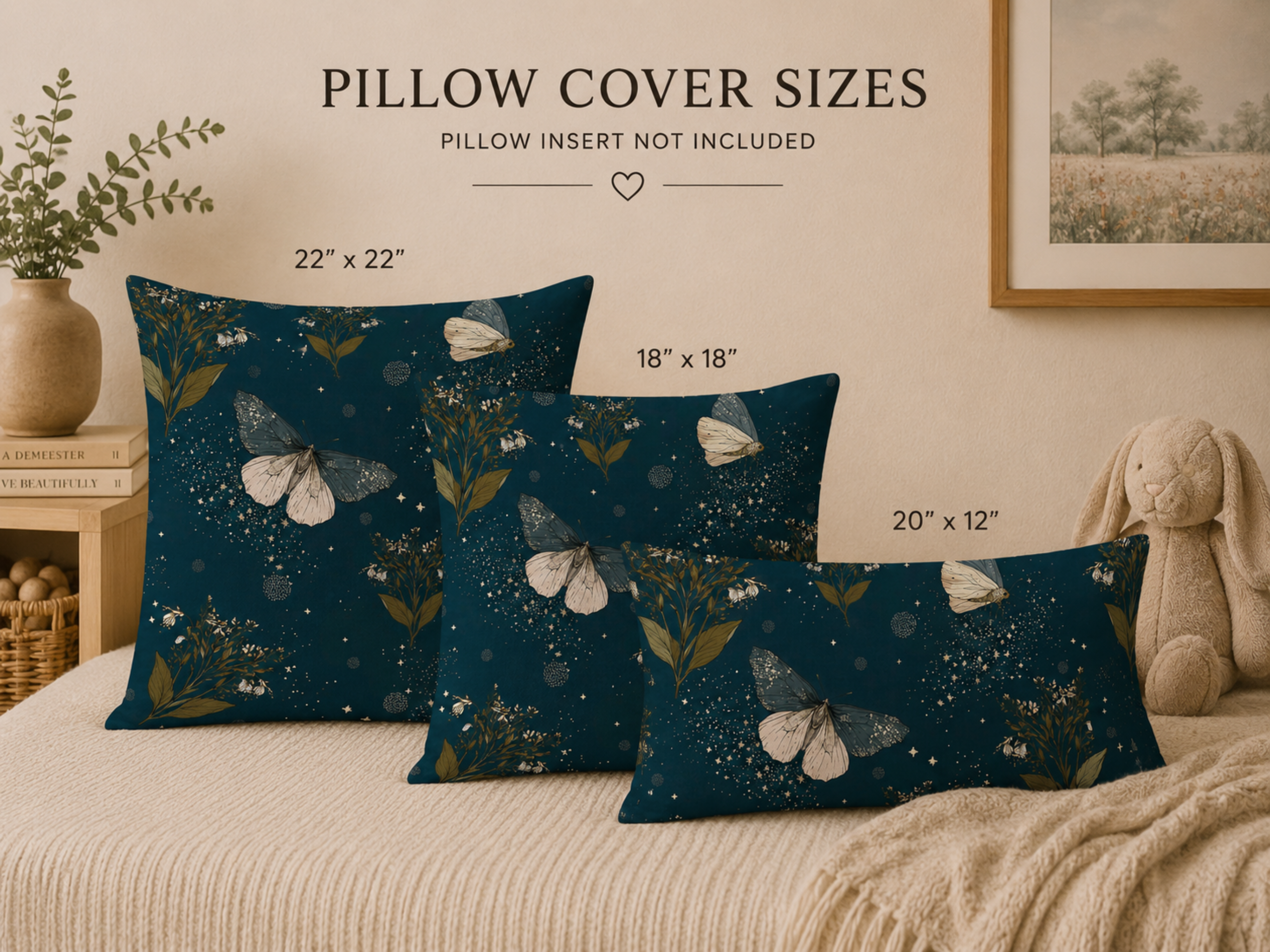 Deep Teal Moth & Celestial Floral Pillow Cover