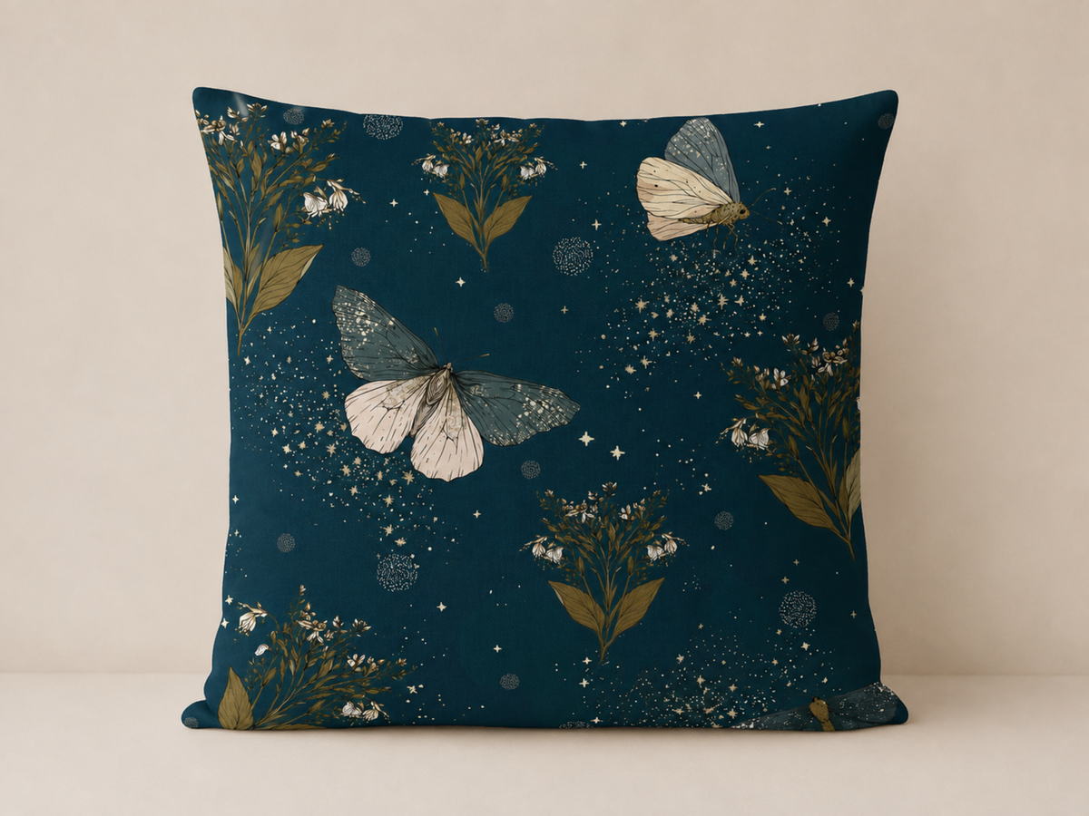 Deep Teal Moth & Celestial Floral Pillow Cover
