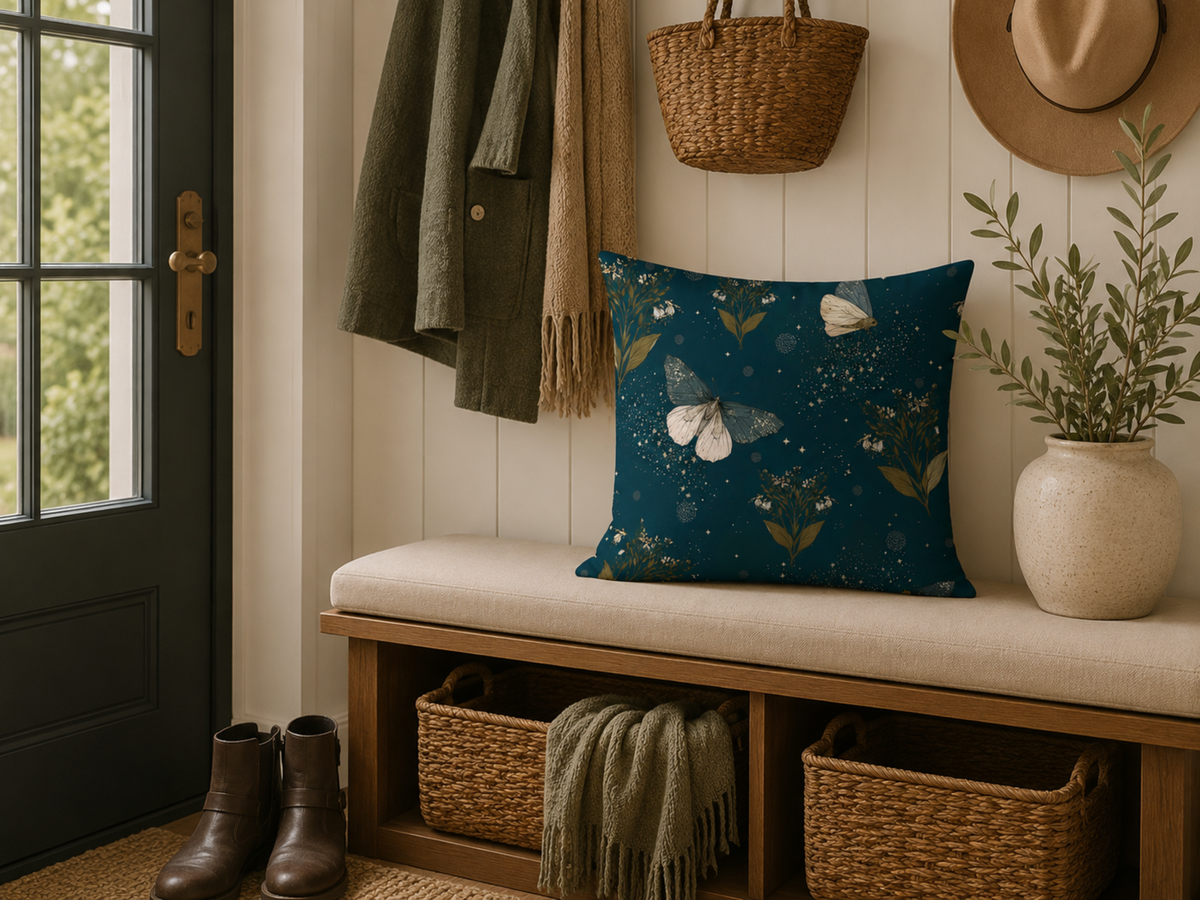 Deep Teal Moth & Celestial Floral Pillow Cover