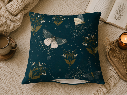 Deep Teal Moth & Celestial Floral Pillow Cover