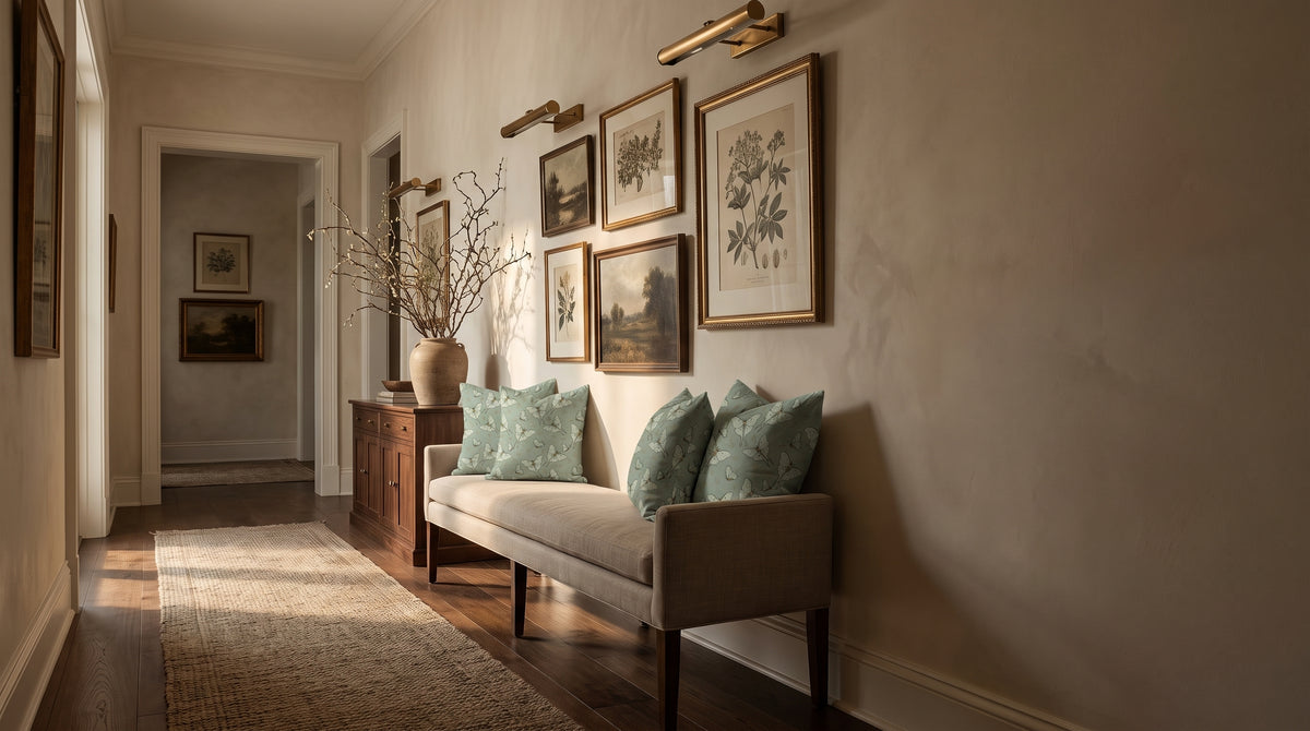 A styled interior hallway featuring a beige upholstered bench with teal pillows, framed botanical prints on a cream wall, and warm brass wall sconces.
