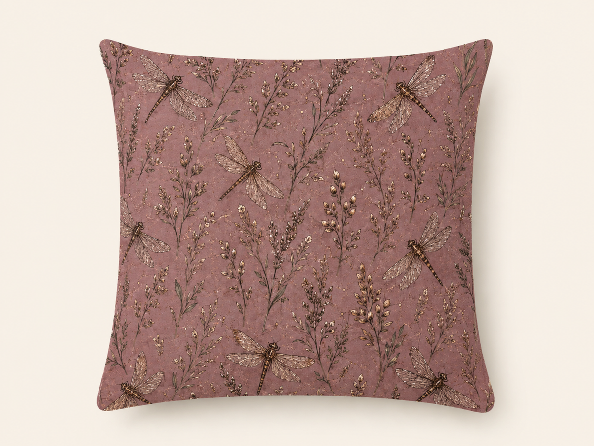 Mauve Dragonfly & Botanical Pillow Cover