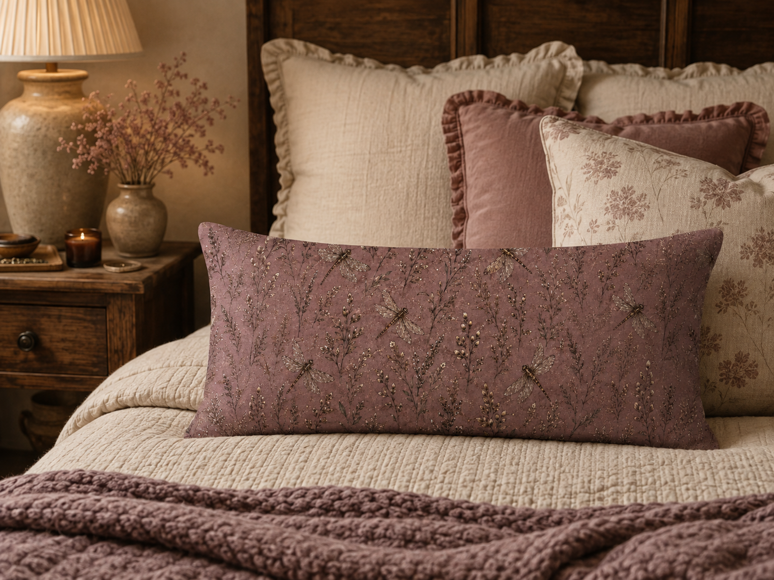 Mauve Dragonfly & Botanical Pillow Cover