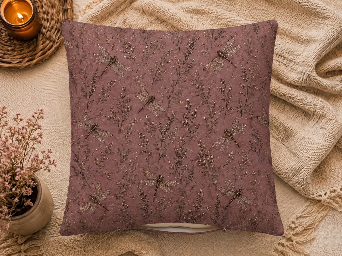 Mauve Dragonfly & Botanical Pillow Cover