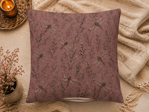 Mauve Dragonfly & Botanical Pillow Cover