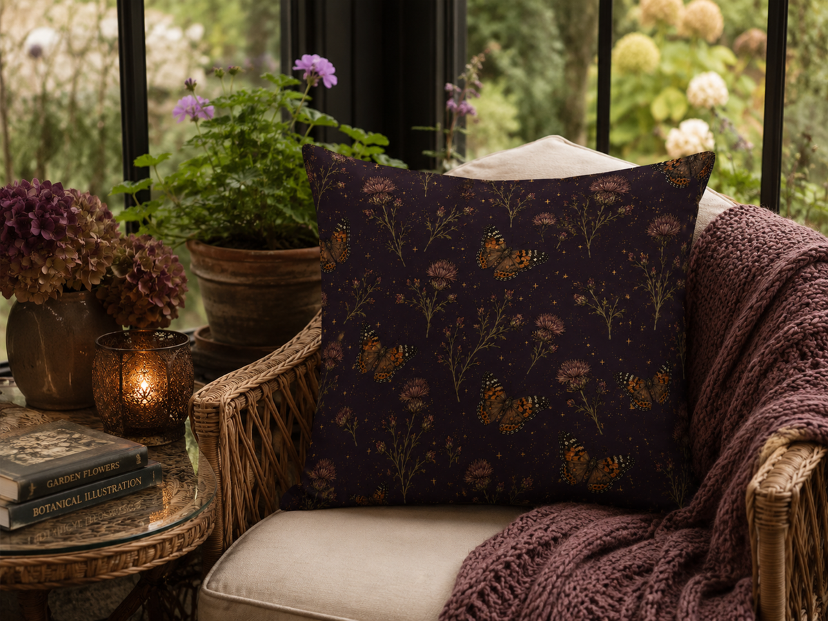 Plum Painted Lady Butterfly & Thistle Pillow Cover
