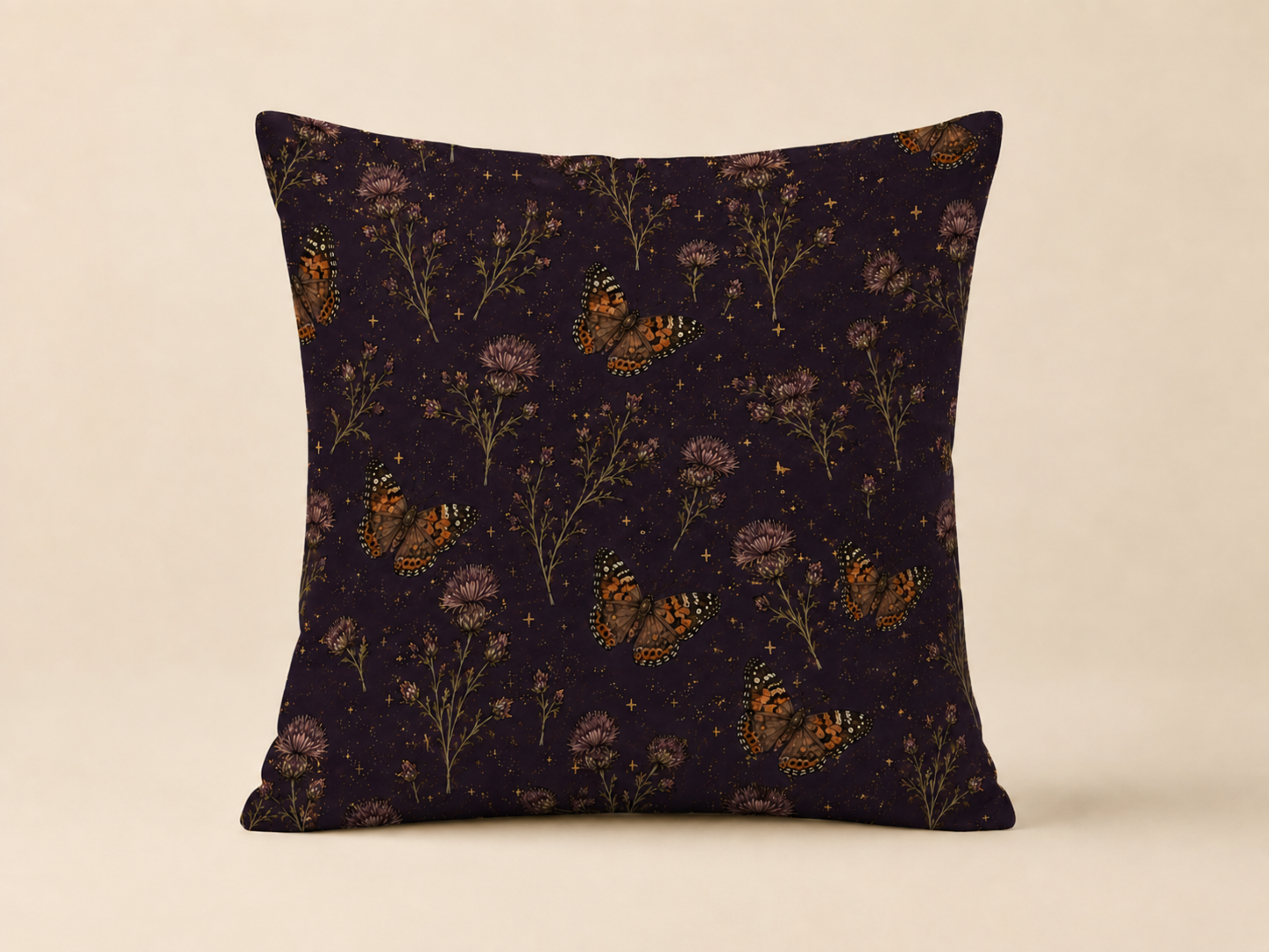 Plum Painted Lady Butterfly & Thistle Pillow Cover