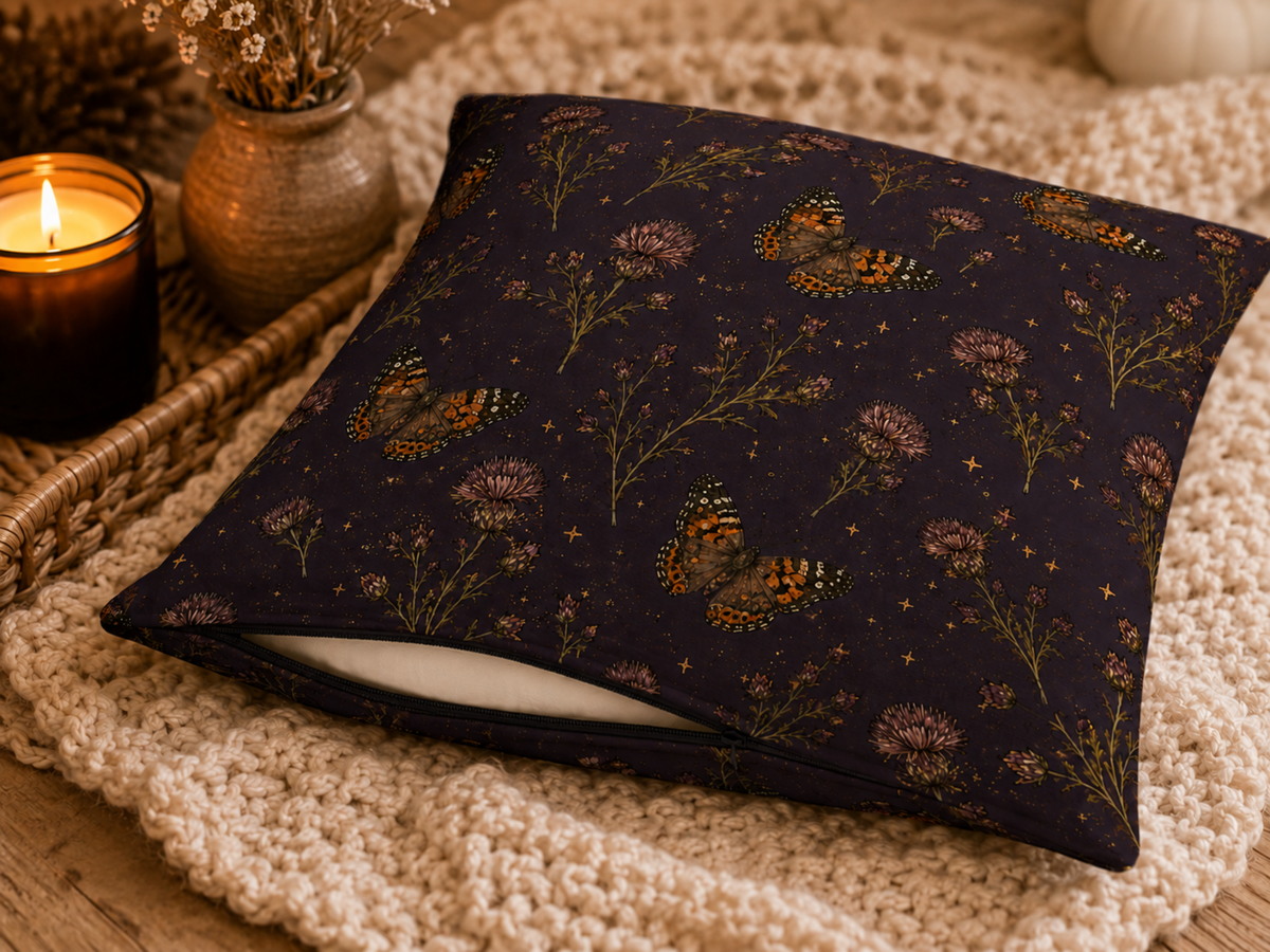 Plum Painted Lady Butterfly & Thistle Pillow Cover