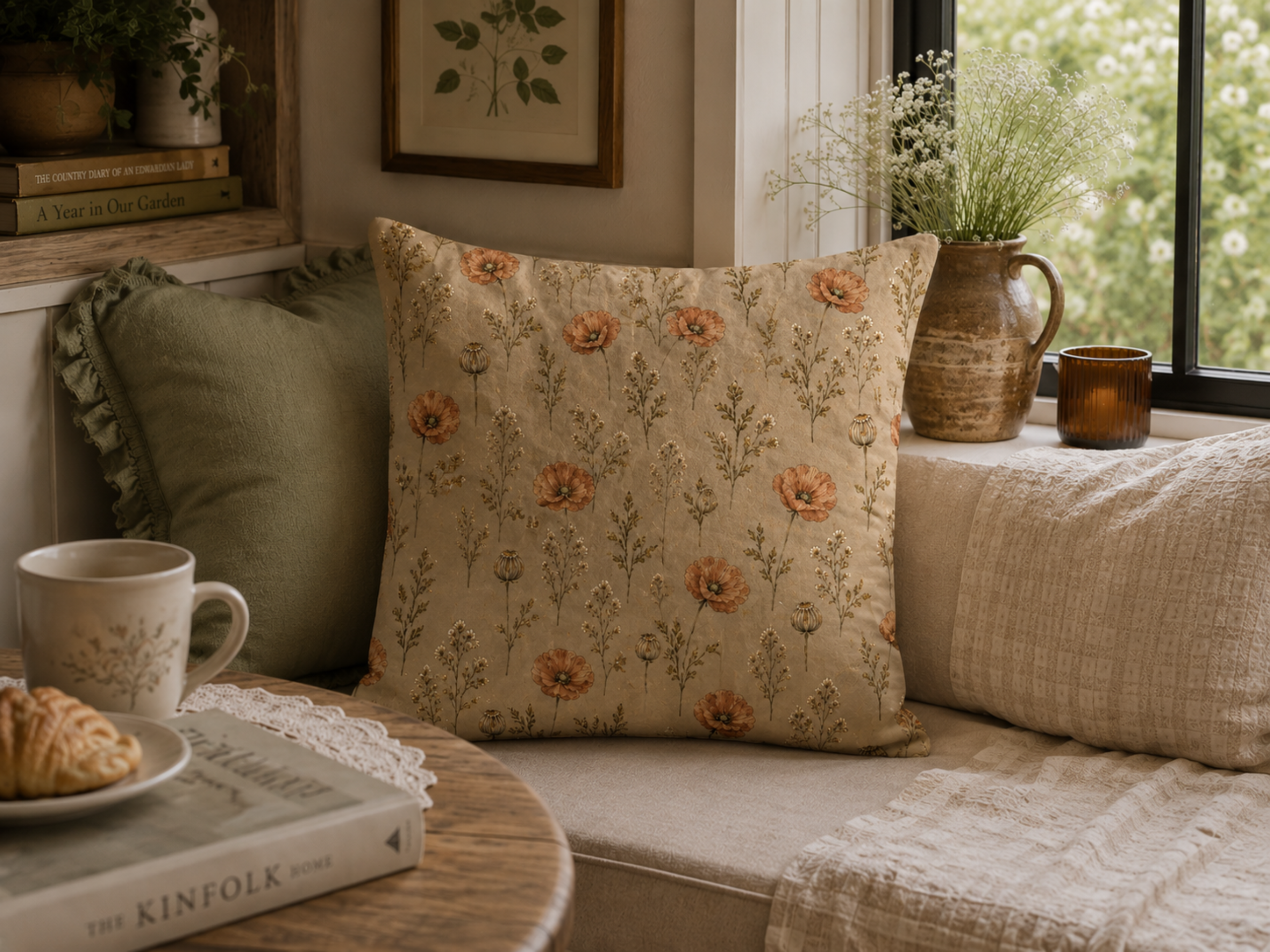 Rust Orange Floral & Seed Pod Pillow Cover