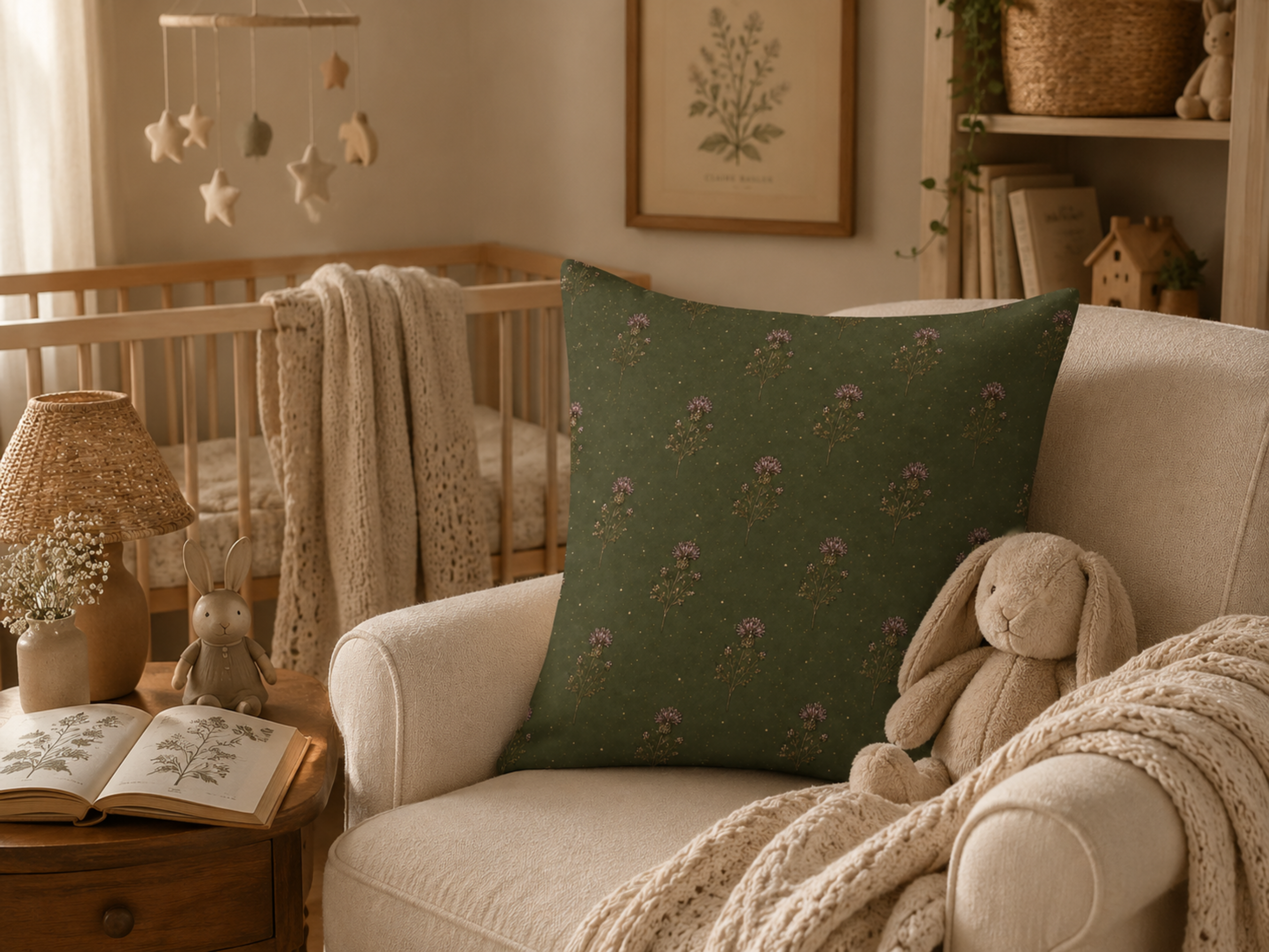Olive Green Thistle Floral Pillow Cover