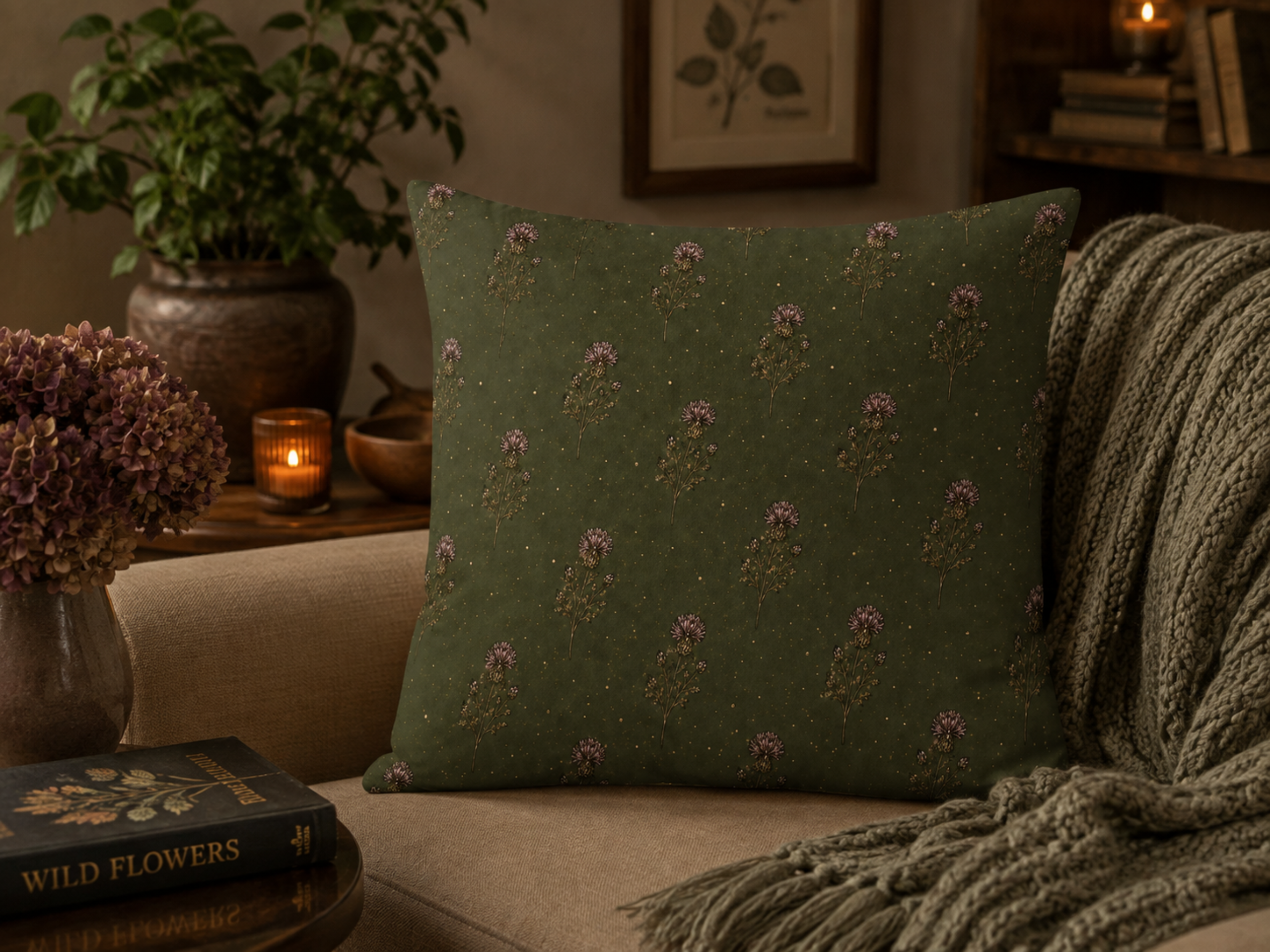 Olive Green Thistle Floral Pillow Cover