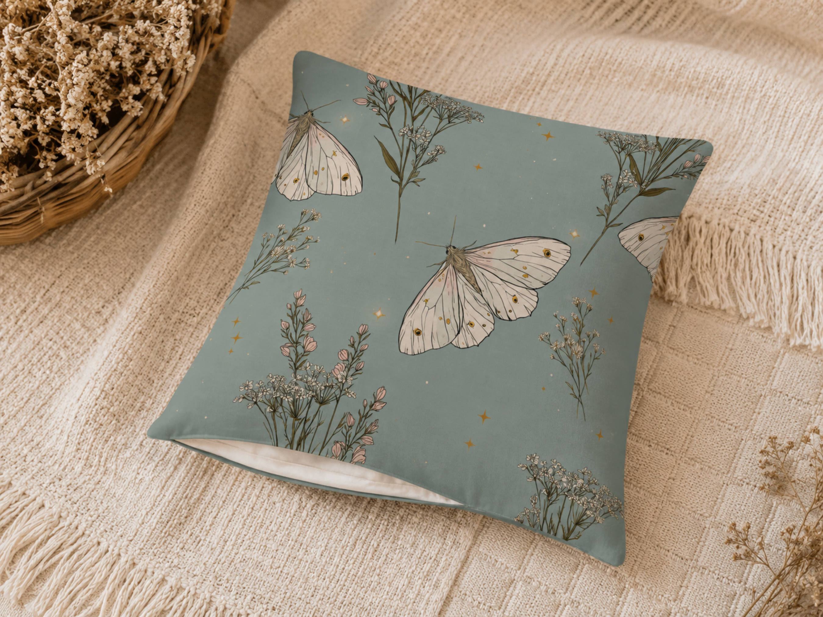 Ivory Moth & Sage Meadow Floral Pillow Cover