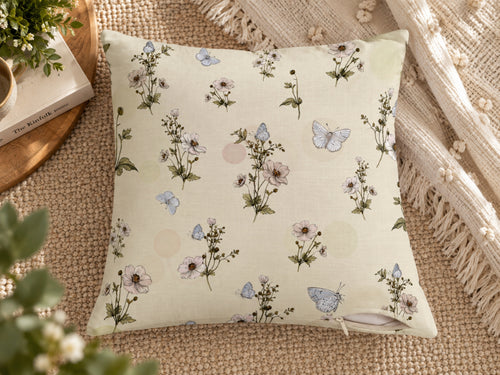 Blue Butterfly & Ivory Floral Pillow Cover