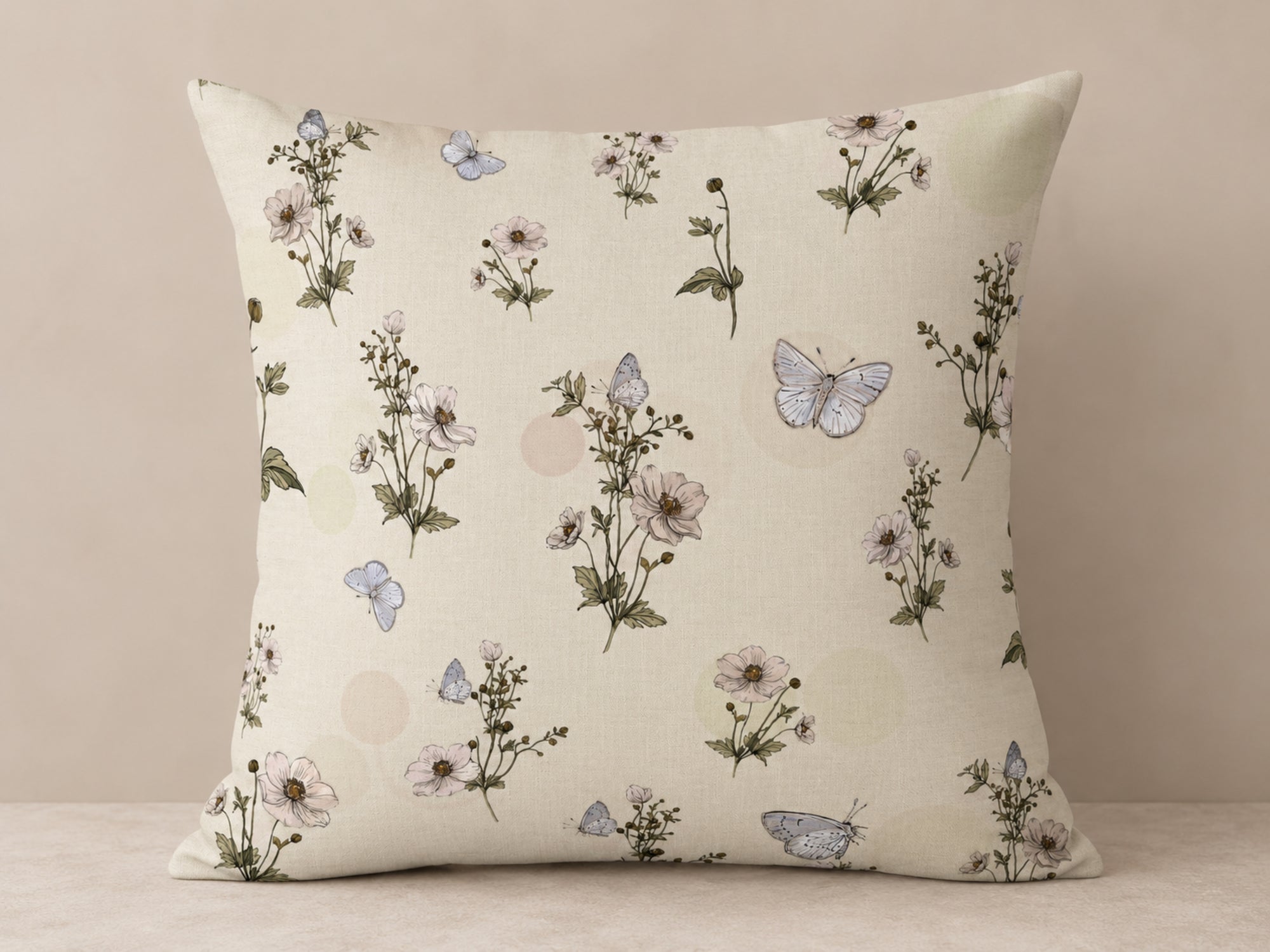 Blue Butterfly & Ivory Floral Pillow Cover