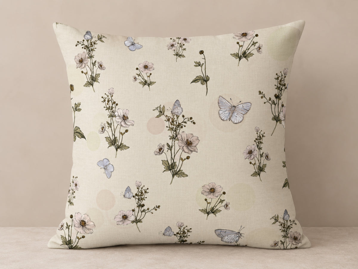 Blue Butterfly & Ivory Floral Pillow Cover