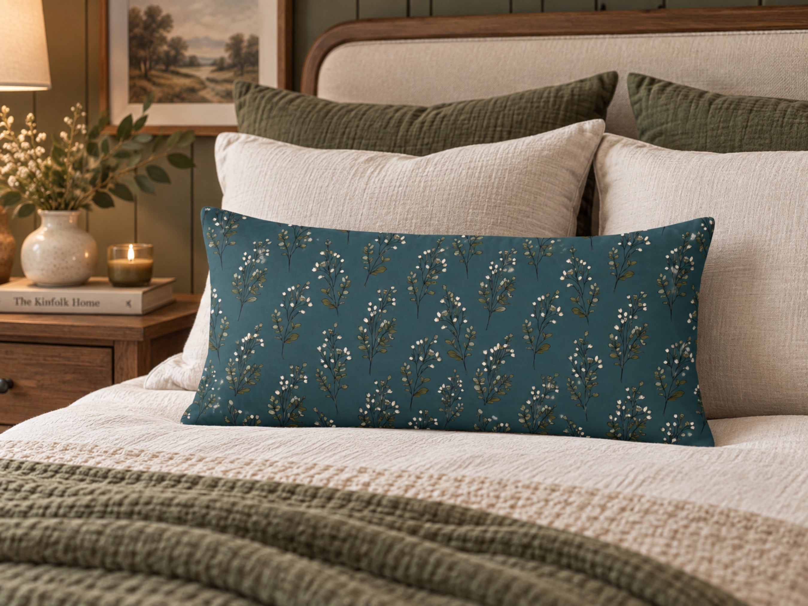 Blue Green Floral Sprig Pillow Cover
