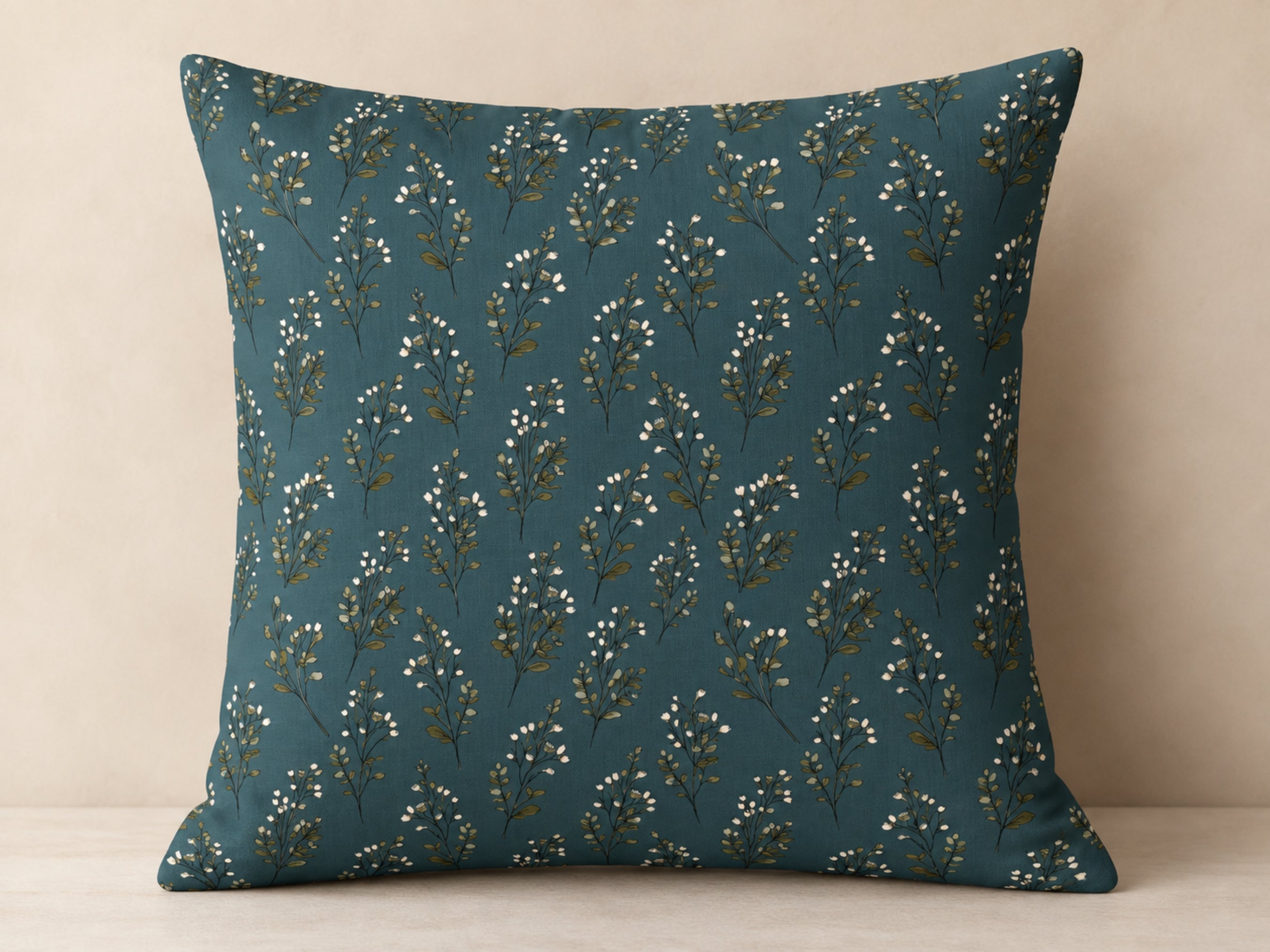 Blue Green Floral Sprig Pillow Cover