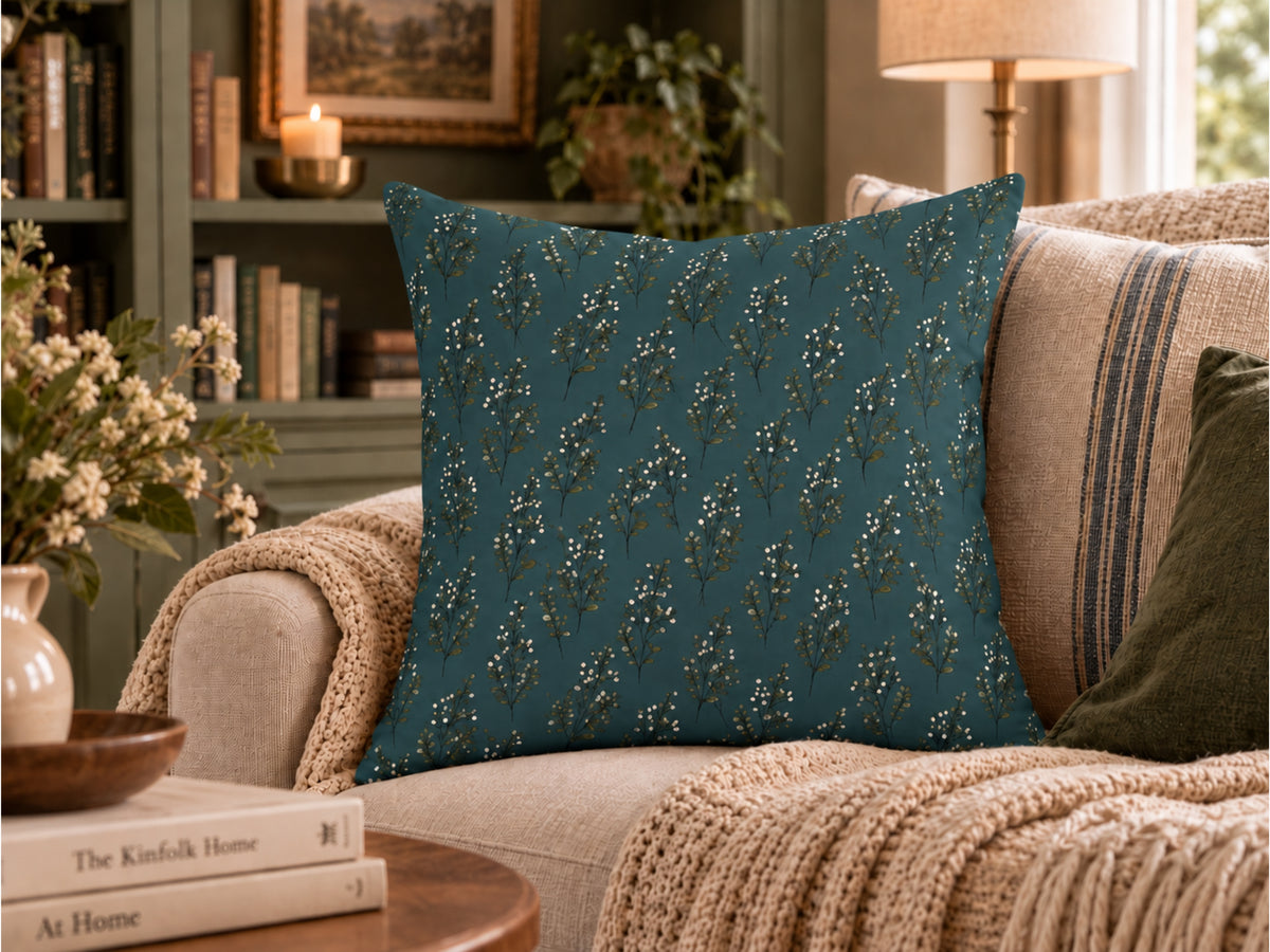 Blue Green Floral Sprig Pillow Cover