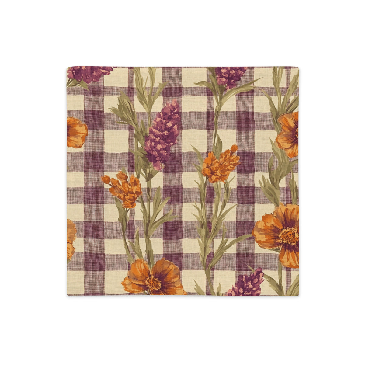 A square pillow cover featuring a gingham check pattern in muted purple and beige with a botanical print of orange flowers and green leaves, shown flat against a white background.