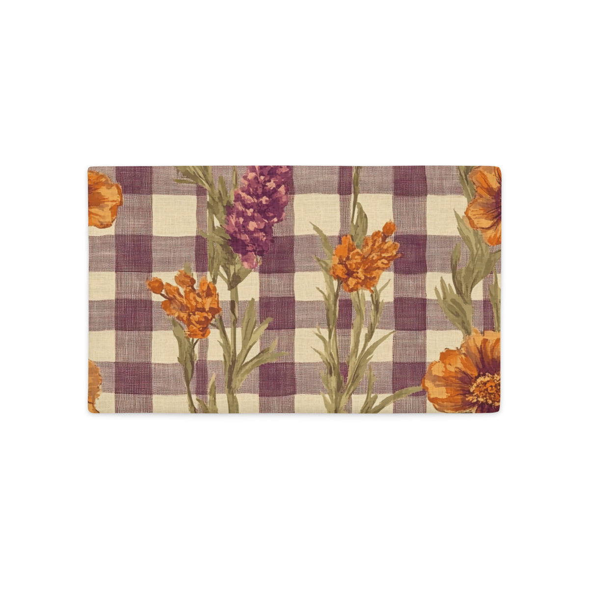 A rectangular pillow cover featuring a purple and beige gingham checkered pattern overlaid with orange flowers and green stems, shown flat against a white background.