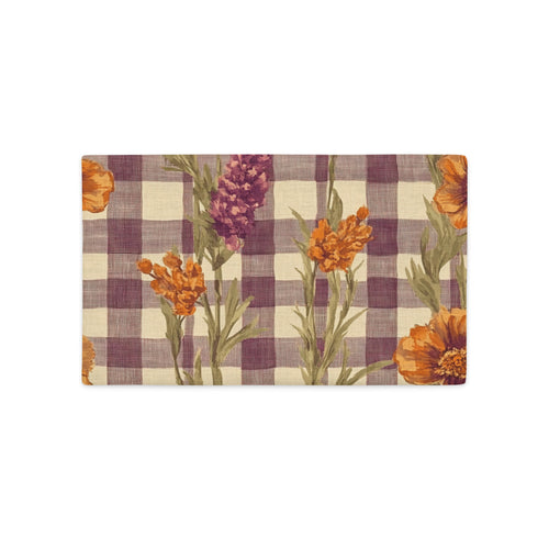 A rectangular pillow cover featuring a purple and beige gingham checkered pattern overlaid with orange flowers and green stems, shown flat against a white background.
