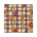 A square fabric pillow cover featuring a purple and beige gingham check pattern overlaid with orange poppy flowers and green stems.