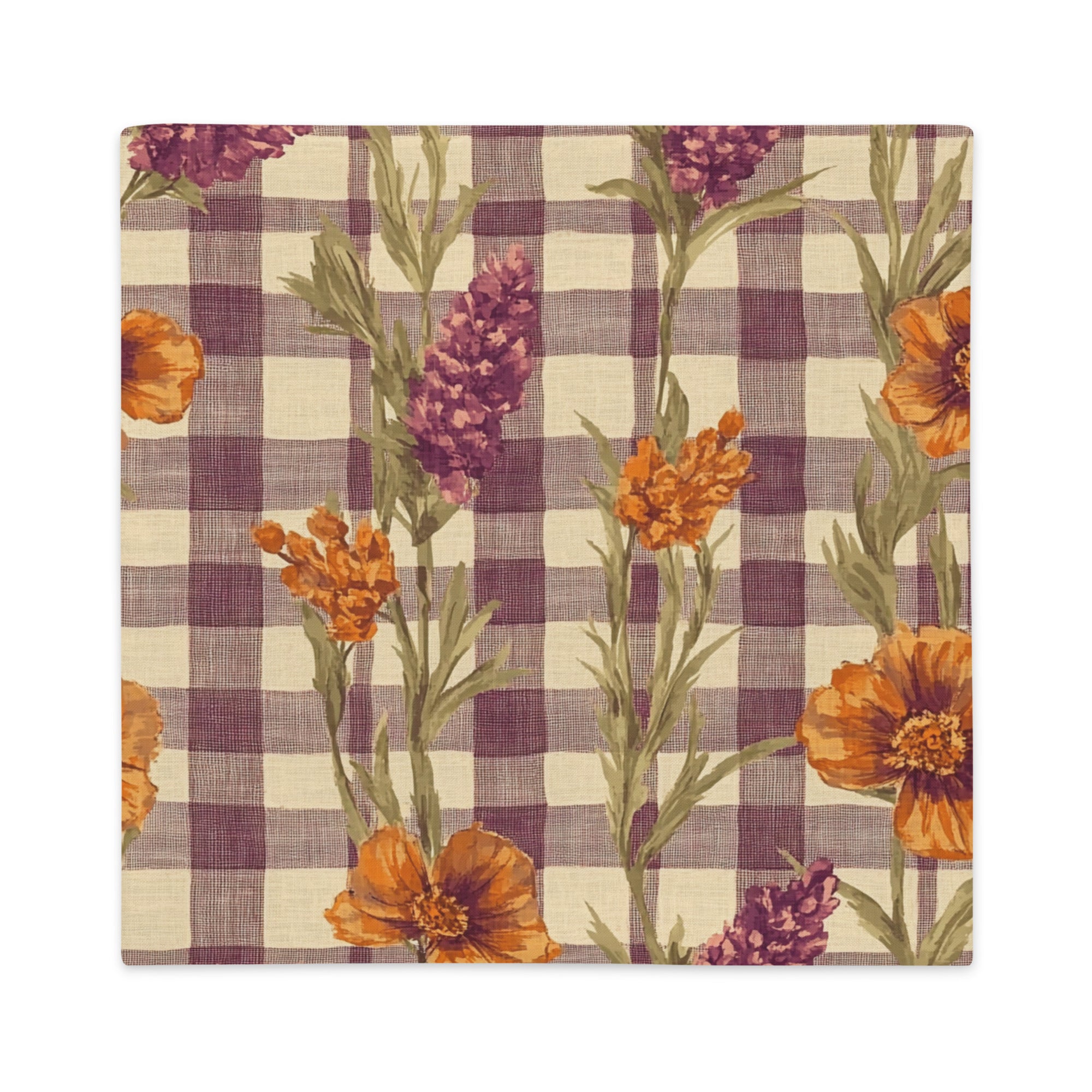 A square fabric pillow cover featuring a purple and beige gingham check pattern overlaid with orange poppy flowers and green stems.