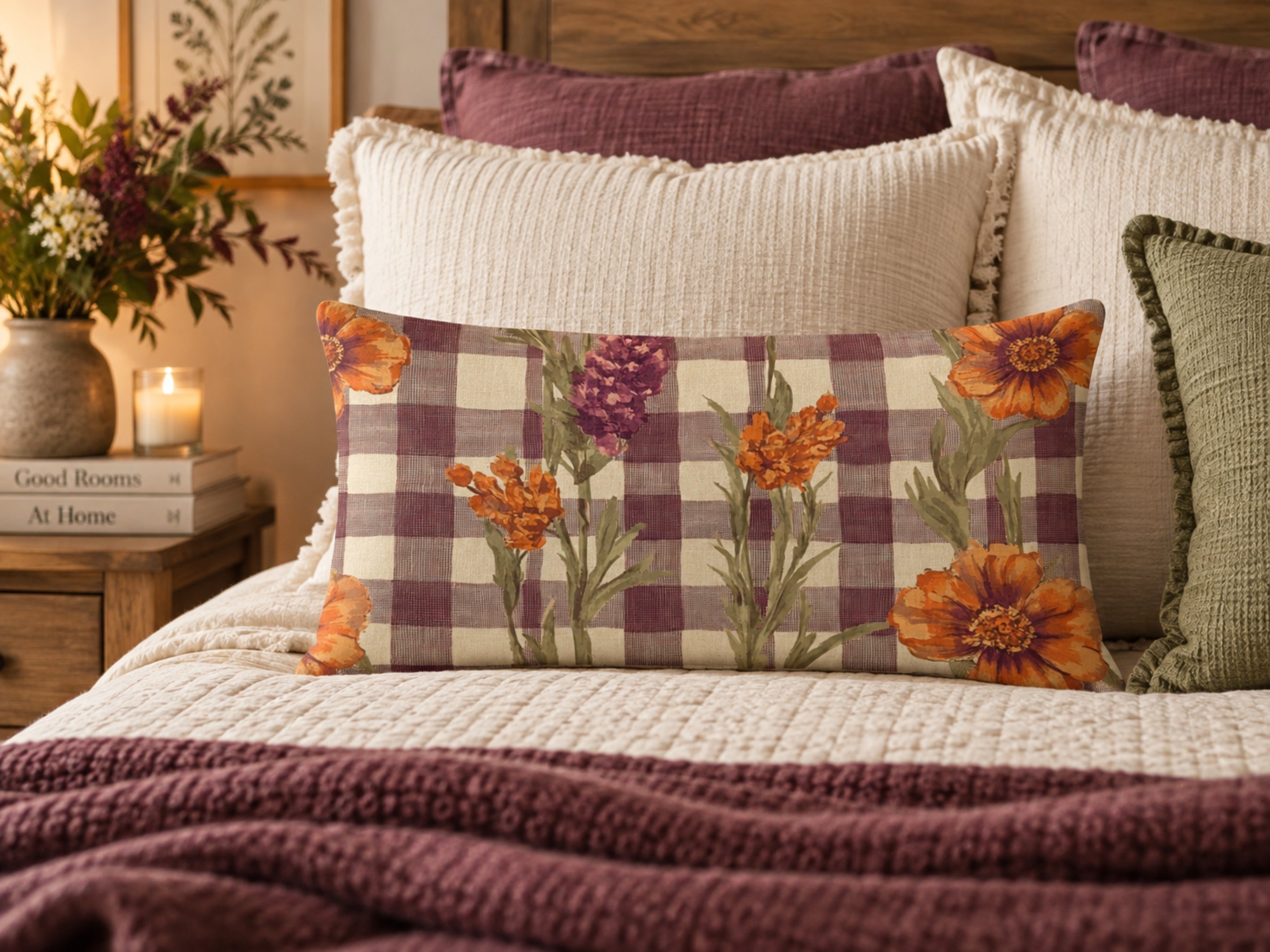 A rectangular decorative throw pillow with a purple and beige gingham pattern and orange floral print, styled on a bed with other pillows and a blanket.