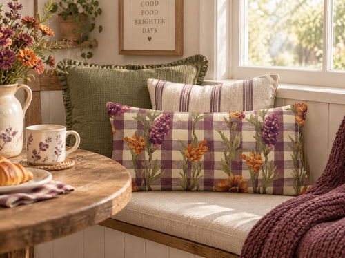 A cozy indoor nook with a floral and gingham throw pillow on a cushioned bench, alongside other decorative pillows, a wooden table with a floral mug, and a window in the background.