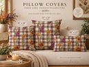 Three floral pillow covers displayed on a beige sofa in a styled living room setting, with printed size labels reading 18 x 18, 22 x 22, and 20 x 12. Text at the top reads 'Pillow Covers' and 'Three sizes.