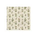 A square fabric napkin or paper napkin with a repeating botanical pattern of green leaves, beige flowers, and small butterflies on a warm cream background, shown flat against a white background.