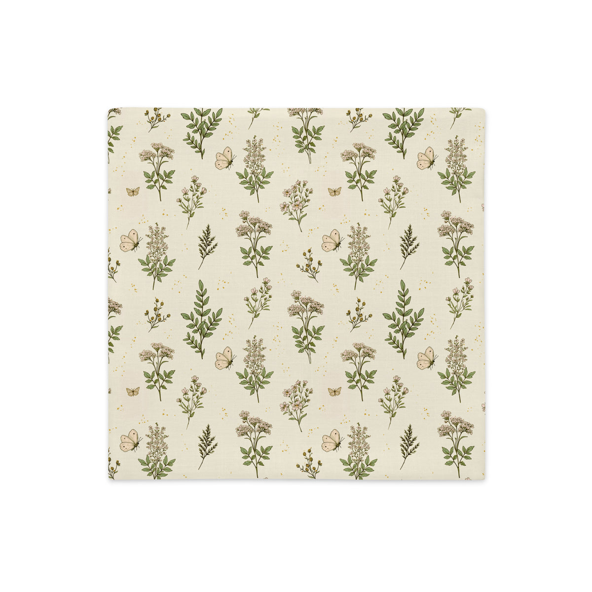 A square fabric napkin or paper napkin with a repeating botanical pattern of green leaves, beige flowers, and small butterflies on a warm cream background, shown flat against a white background.