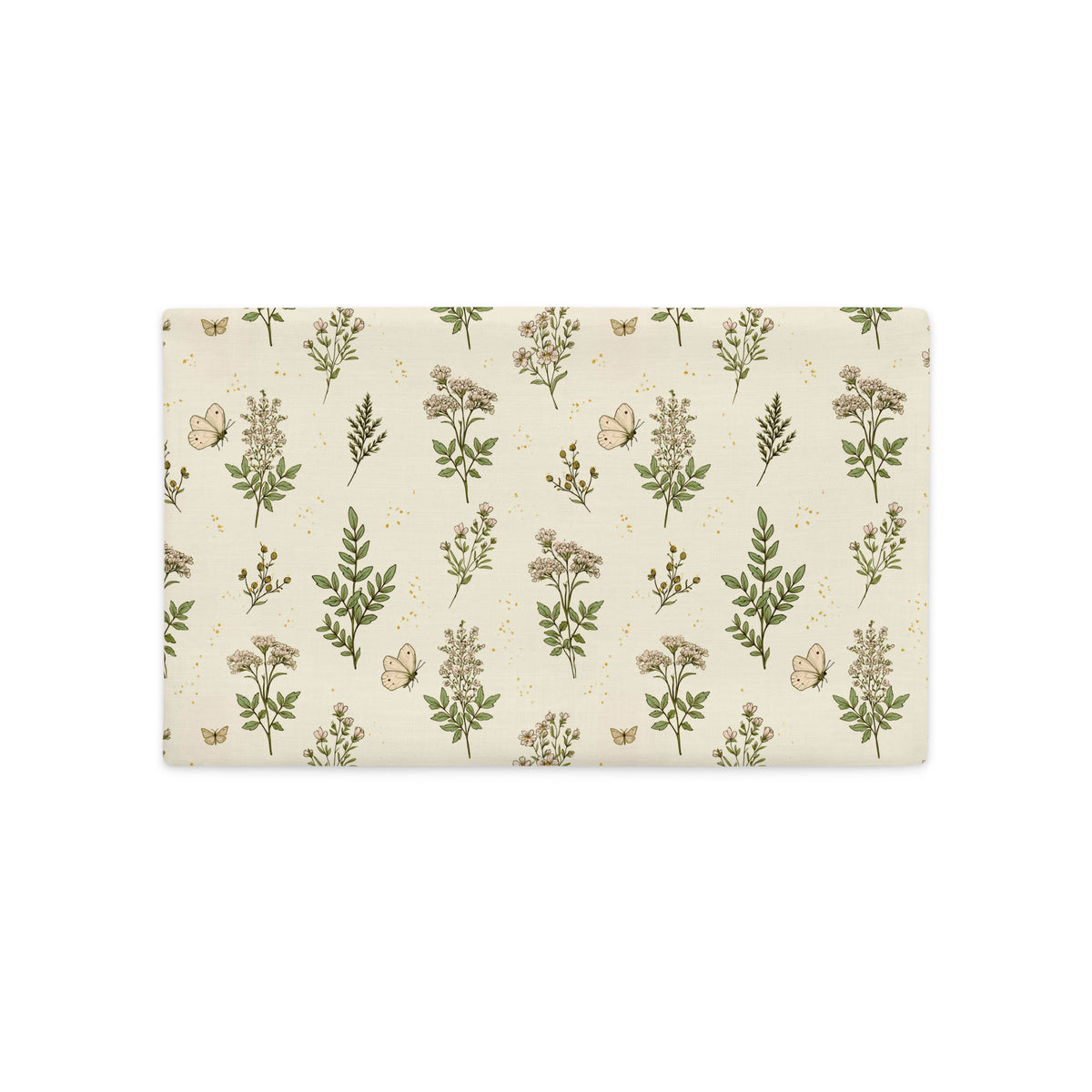 A rectangular placemat with a botanical pattern featuring green leaves, beige flowers, and small butterflies on a cream background, shown on a solid white background.
