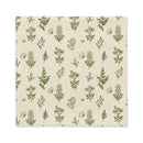 A square fabric napkin or placemat featuring a vintage botanical pattern with green leaves, beige flowers, and butterflies on a cream background, shown flat against a white backdrop.