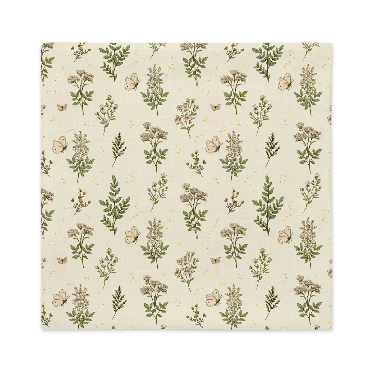 A square fabric napkin or placemat featuring a vintage botanical pattern with green leaves, beige flowers, and butterflies on a cream background, shown flat against a white backdrop.
