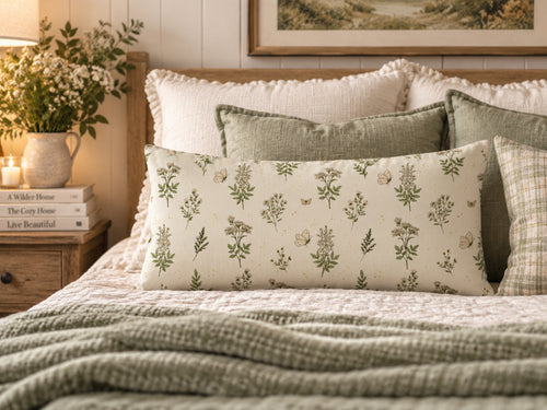 A decorative lumbar pillow with a green botanical and bird pattern on a cream background, styled on a bed with other neutral-toned pillows and a textured green blanket in a cozy bedroom setting.