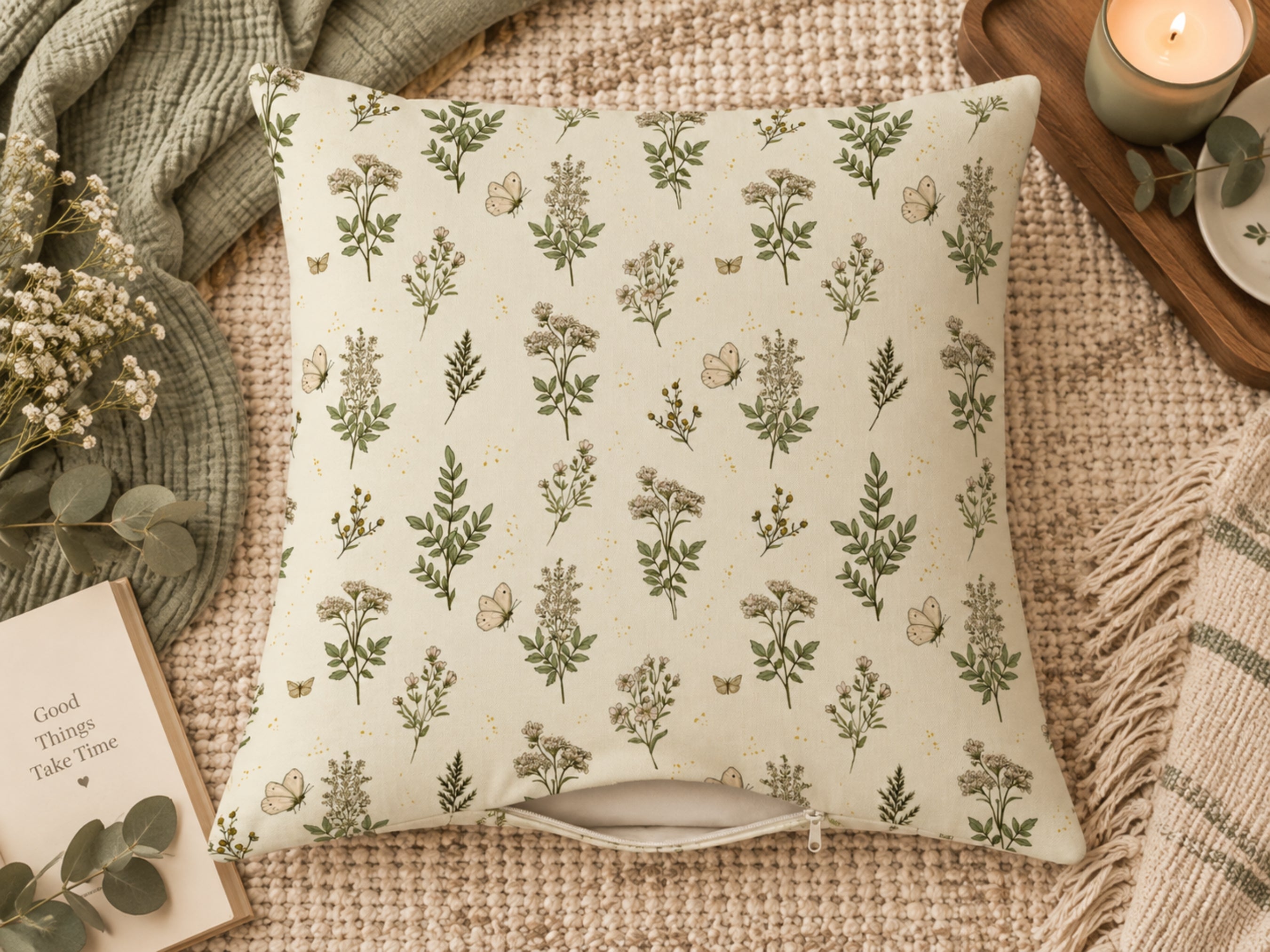 A square throw pillow with a cream background and a green botanical pattern, styled on a woven blanket with a candle, book, and greenery.