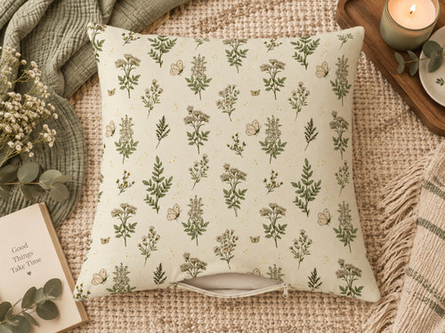 A square throw pillow with a cream background and a green botanical pattern, styled on a woven blanket with a candle, book, and greenery.