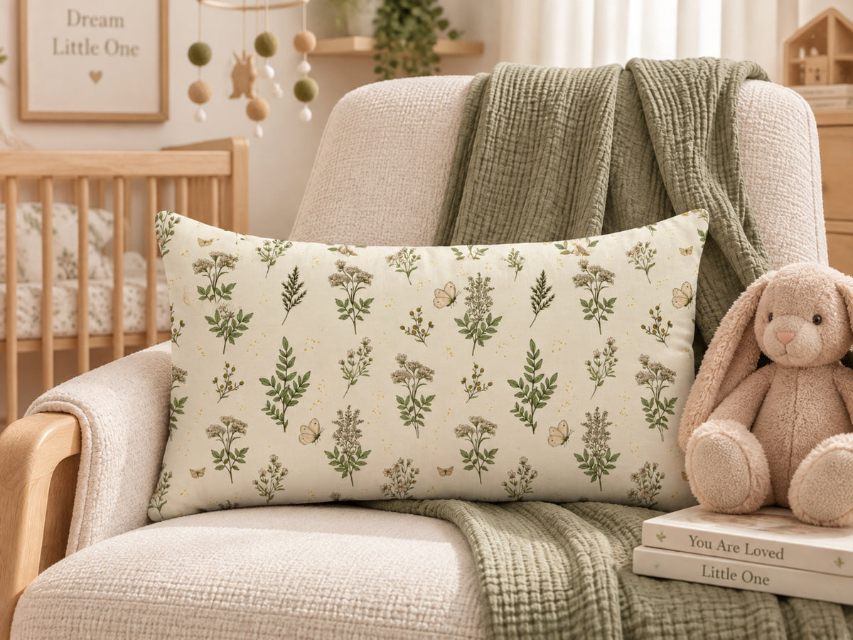 A rectangular throw pillow with a botanical leaf pattern on a cream background, styled on a beige armchair in a nursery setting next to a plush bunny and a green blanket.