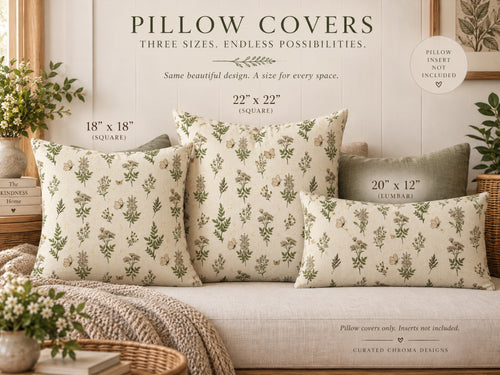 Four floral pillow covers displayed on a beige sofa in a styled room setting, with text overlays showing sizes: 18" x 18" (square), 22" x 22" (square), and 20" x 12" (lumbar). The pillows feature a cream background with a delicate green and beige botanical pattern.