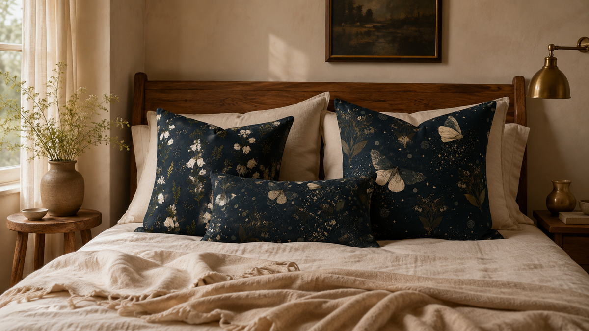 A styled bedroom scene with a bed made up with cream bedding and three dark navy decorative pillows featuring white floral and butterfly patterns. The bed has a wooden headboard, with a window, side table, and wall lamp visible in a warm, sunlit room.