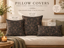 Four decorative pillow covers with a dark brown damask pattern are arranged on a beige sofa in a styled living room setting. Text overlays specify the sizes: 18" x 18" (square), 22" x 22" (square), and 20" x 12" (lumber), with a note stating pillow insert not included.