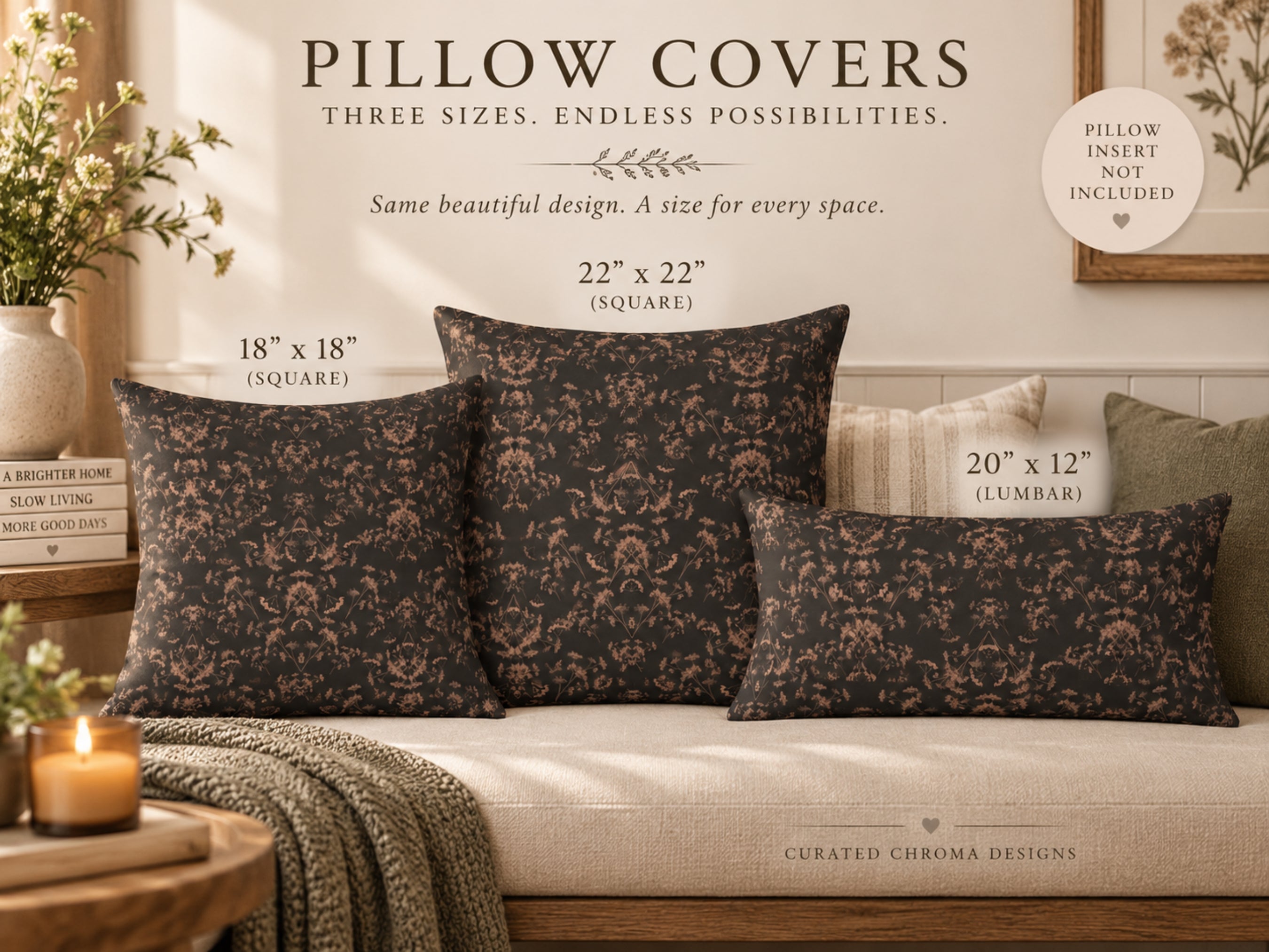 Four decorative pillow covers with a dark brown damask pattern are arranged on a beige sofa in a styled living room setting. Text overlays specify the sizes: 18" x 18" (square), 22" x 22" (square), and 20" x 12" (lumber), with a note stating pillow insert not included.