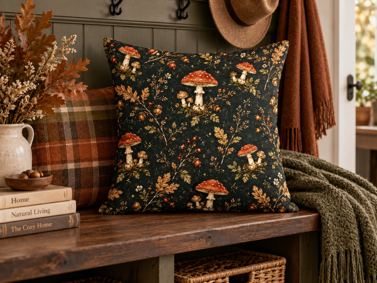 Dark Woodland Mushroom & Acorn Pillow Cover