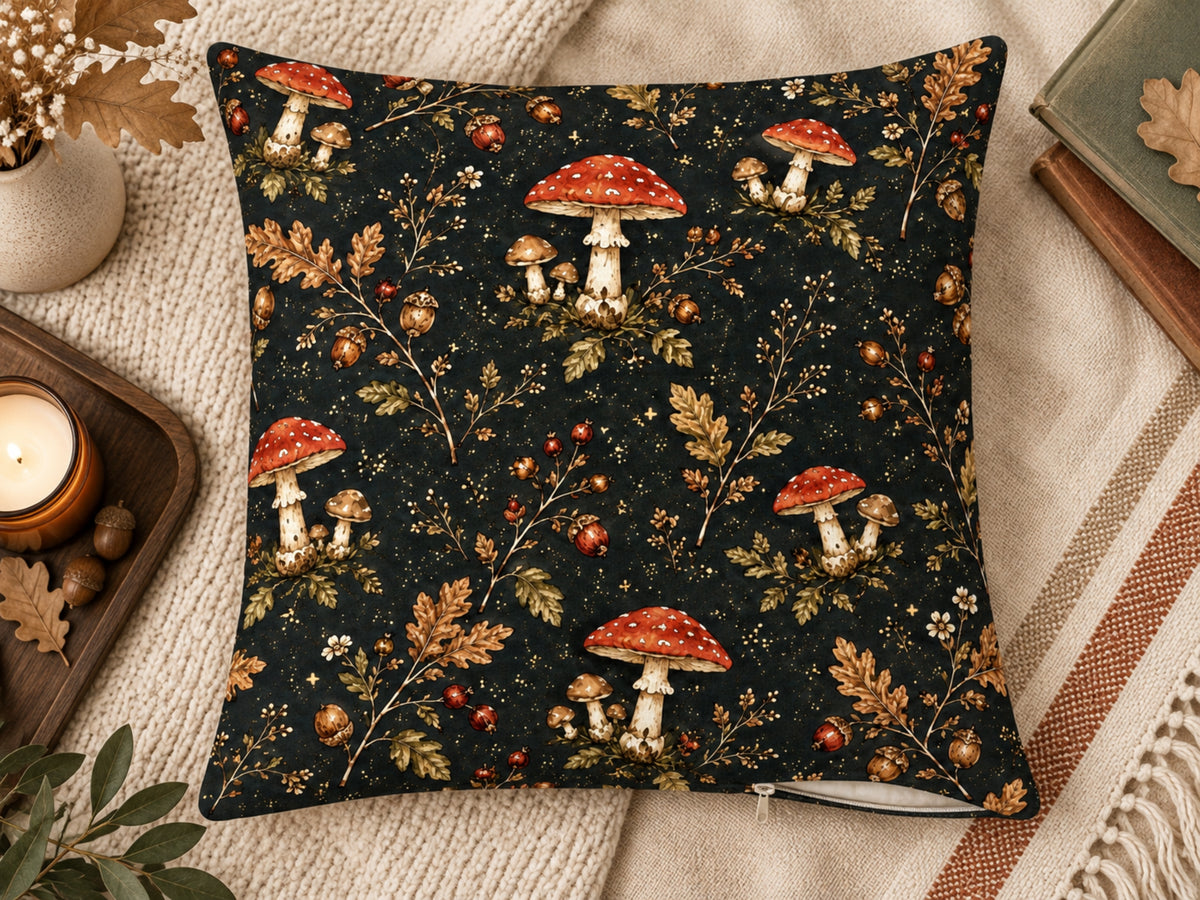 Dark Woodland Mushroom & Acorn Pillow Cover