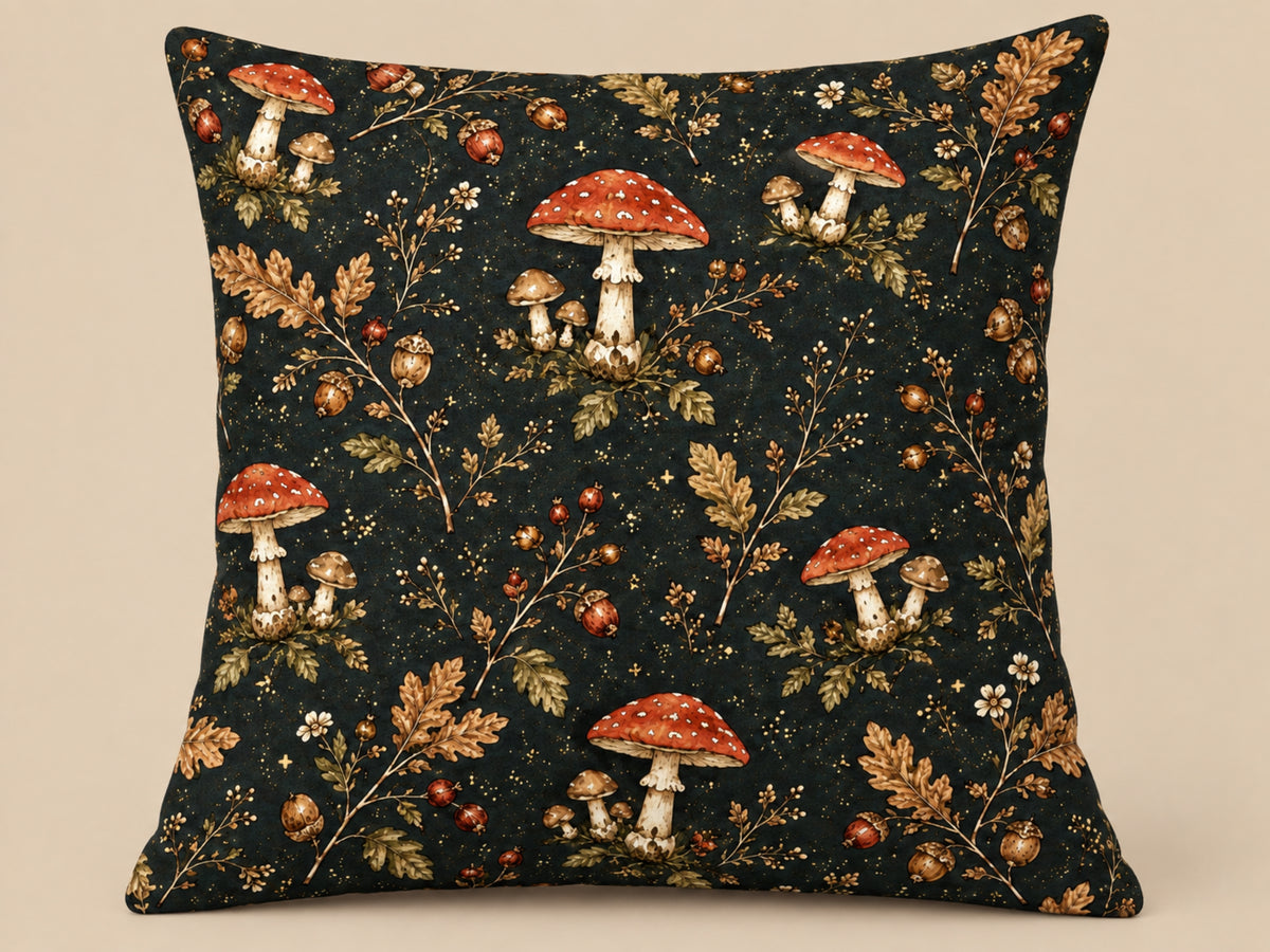 Dark Woodland Mushroom & Acorn Pillow Cover