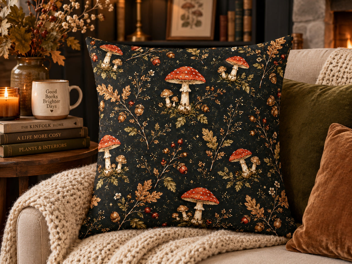 Dark Woodland Mushroom & Acorn Pillow Cover