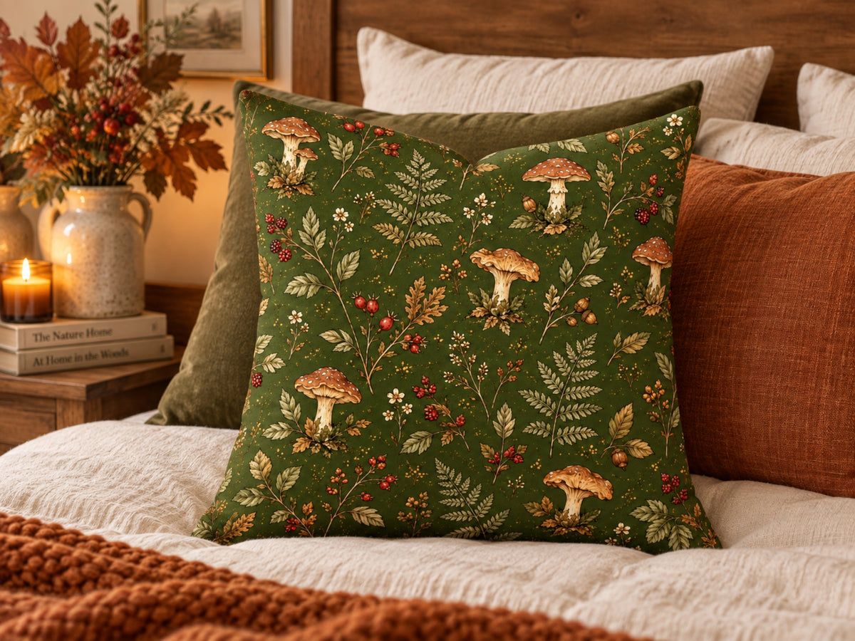 Forest Mushroom & Fern Botanical Pillow Cover