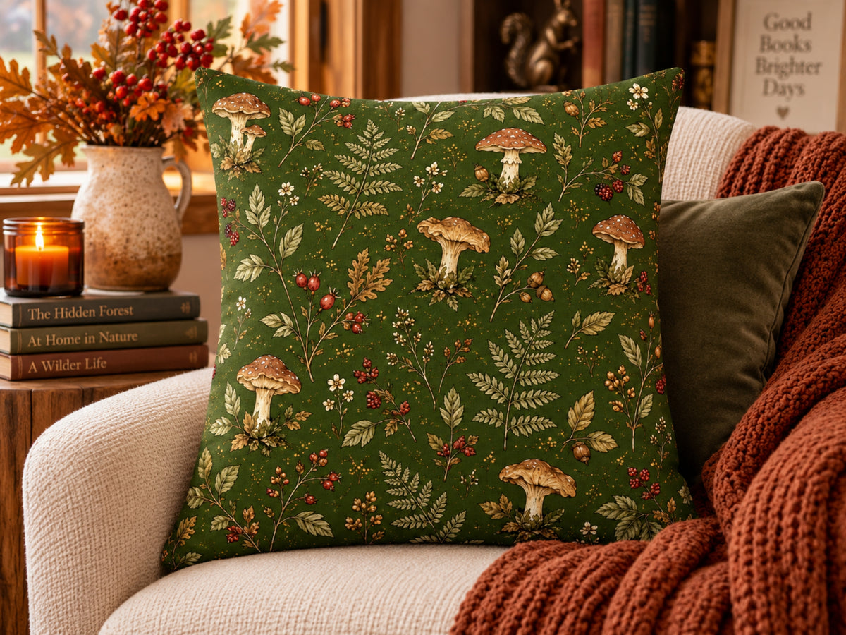Forest Mushroom & Fern Botanical Pillow Cover